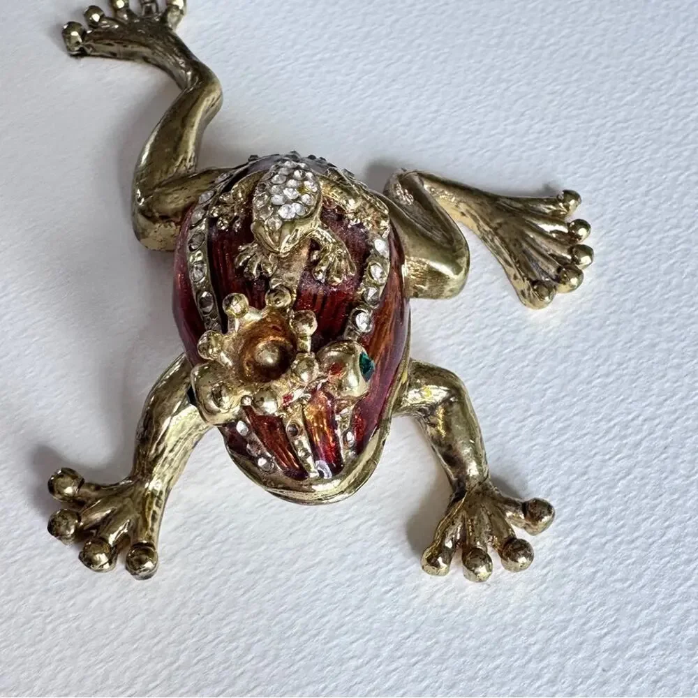 Vintage Gold Tone Brown Enamel Frog Prince Trinket Box Shelf Sitter